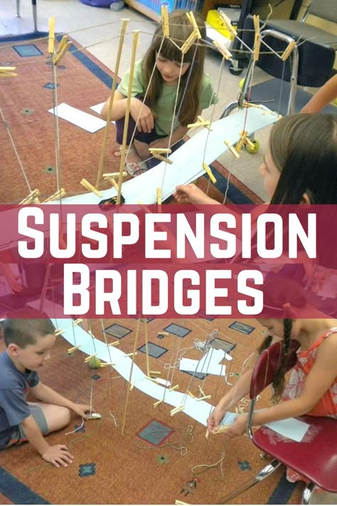 The mission: Build a suspension bridge for a car to cross the ravine! #STEM Stem Bridges, Bridge Project, Stem Camp, Middle School Curriculum, Stem Engineering, Stem Curriculum, Steam Ideas, Stem Lesson, Engineering Challenge