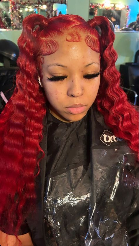 Red Wig Install Hairstyles, Red Pigtails, Frontal Styles, Cute Weave Hairstyles, Wigs Styles, Lace Wigs Styles, Frontal Wig Hairstyles, Styles Hairstyles, Sew Ins