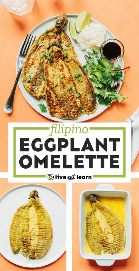 This Filipino Eggplant Omelet recipe (or Tortang Talong) has just 5 ingredients and is a delicious way to sneak veggies into your morning meal! #filipino #omelet #omelette #eggplant #brunch #breakfast #vegetarian Filipino Eggplant, Vegetarian Asian, Breakfast Vegetarian, Vegetarian Recipes Lunch, Healthy Budget, Healthy Vegetarian Dinner, Easy Vegetarian Lunch, Omelette Recipe, Meatless Main Dishes