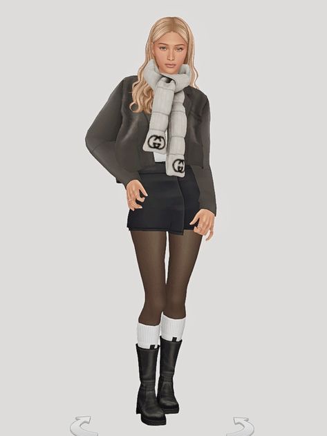 fleur’s winter wardrobe look one - top skirt jacket boots scarf look two - top leggings jacket boots look three - dress jacket boots scarf look four - dress jacket heels Boots Look, Female Clothes, Winter Lookbook, Dress Jacket, Gaming Clothes, Tops For Leggings, Winter Wardrobe, The Sims, Sims 4