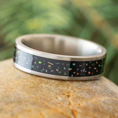 Opal Stardust Ring in Titanium Ring Layout, Meteorite Wedding Band, Flat Ring, A Starry Night, Titanium Ring, Synthetic Opal, Starry Night Sky, Band Jewelry, Titanium Rings