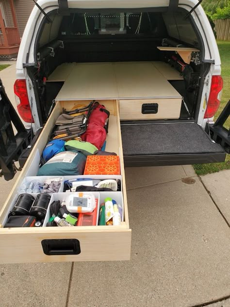 DIY How To: Simple Truck Drawer Build for Overlanding - Frugal Fill Truck Bed Storage Drawers, Truck Camping Ideas, Pajero Off Road, Truck Bed Drawers, Diy Truck Bedding, Truck Bed Slide, Truck Bed Organization, Troop Carrier, Car Conversion