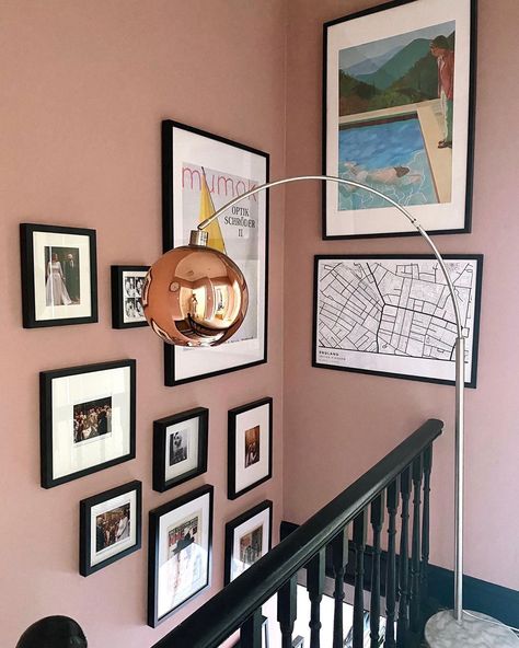 Pink Hallway Ideas, Sulking Room Pink, Stairs And Hallway Ideas, Pink Hallway, Black Hallway, Hallway Gallery Wall, Entrance Hall Decor, Gallery Wall Staircase, Staircase Wall Decor