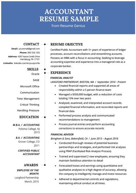 Accountant Resume Sample and Tips | Resume Genius Accountant Resume Template, Accounting Templates, Accountant Job, Curriculum Vitae Examples, Writing A Cv, Accountant Resume, Job Resume Samples, Best Resume Format, Basic Resume