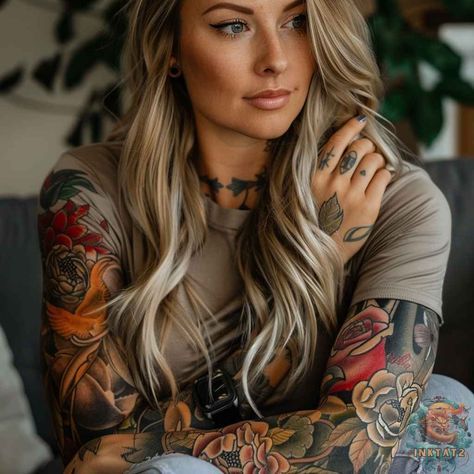 Women’s 3/4 Sleeve Tattoo, Soft Shading Tattoos, Half Sleeve Color Tattoos For Women, Tattoo Outfit Woman, Women’s Sleeve, Female Full Sleeve Tattoo, Women Full Sleeve Tattoo, Tattoo Ideas Full Sleeve, Colorful Sleeve Tattoos For Women