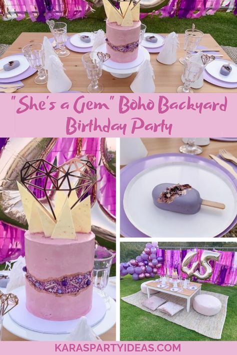 Kara's Party Ideas "She's a Gem" Boho Backyard Birthday Party | Kara's Party Ideas Purple Boho Birthday Party, Spiritual Birthday Party Ideas, Crystal Gem Birthday Party, She’s A Gem Birthday Party, Jewel Birthday Party, Geode Themed Birthday Party, Amethyst Birthday Party, Gem Birthday Party Ideas, Gem Birthday Party