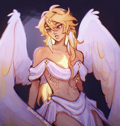 Winged People Poses, Aether Angel Fanart, Bases With Wings, Aether In A Dress, Aether Hair Down, Aether God Of Light, Aether Genshin Fanart, Angel Oc Ideas, Aesthetic Genshin Pfp