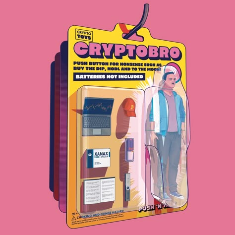 CryptoBro | Rare Digital Artwork | MakersPlace Crypto Artwork, Interesting Packaging Design, Toy Poster, Shirt Layout, Sticker Keychain, Crypto Design, Creative Campaign, Interesting Packaging, Black And White Makeup