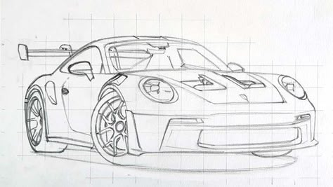 Cars Drawing Tutorial, Porsche 992 Gt3 Rs Drawing, Porsche Pencil Drawing, Porche Drawings, Porshe Drawing Easy, Car Drawing Porsche, Porsche Gt3 Drawing, Porsche Gt3 Rs Sketch, How To Draw A Porsche