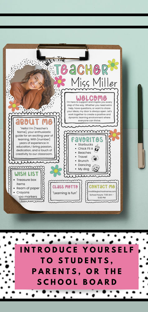 The Meet the Teacher Template is a customizable back-to-school flyer designed to introduce teachers through a personalized letter, perfect for starting the school year on a positive note. This template can double as a classroom newsletter, allowing teachers to communicate effectively with parents and students about upcoming plans and classroom rules. #teacher #meettheteacher #teacherletter #backtoschool Teacher Introduction Letter, Teacher Introduction, Back To School Flyer, Introduction Letter, Meet The Teacher Template, School Flyer, Letter To Teacher, Classroom Newsletter, Teacher Templates