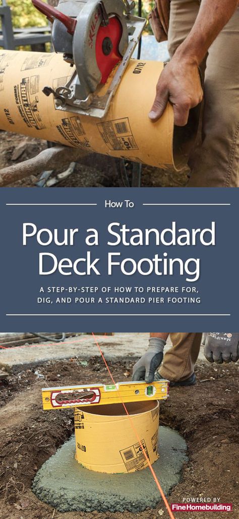 Deck Foundation Ideas, Concrete Footings For Posts, Deck Footings How To Build, Deck Post Ideas, Patio Post Ideas, Deck Over Concrete, Mixing Concrete, Deck Foundation, Pier And Beam Foundation