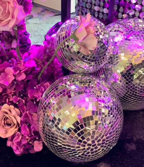 This colour palette 🪩💜🤩 The combination of vibrant purple and shimmering silver mirror balls is perfect for infusing your space with the perfect party vibes! #disco #backdrop #purpledisco #eventplanners #eventdecorators Disco Backdrop, Mirror Ball, Vibrant Purple, Silver Mirror, Silver Mirrors, Perfect Party, Colour Palette, Mirror, Purple