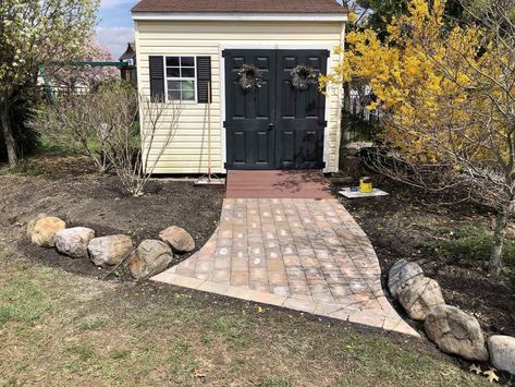 How To Build A Shed Ramp With Pavers | Twigandthistle Ramp To Shed, Concrete Ramp, Shed Ramp, Portable Sheds, Ramp Design, Build A Shed, Porch Paint, Shed Construction, Garage Basement