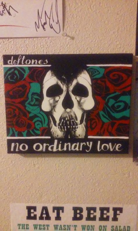 Our favorite deftones art work with one of our favorite songs. Was one of the best gift ideas ever. So glad my boo liked it for his fathers day gift. Michelle is a beyond talented painter. #deftones #skulls #noordinarylove #mancave #handpainted #canvas Deftones Drawing Easy, Deftones Painting Ideas, Deftones Painting, Deftones Wall Art, Deftones Drawing, Deftones Art, Deftones Poster Adrenaline, My Boo, Best Gift Ideas