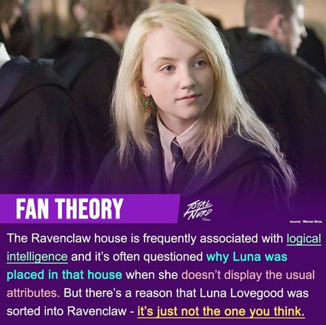 Harry Potter is one of the biggest franchises in history. It's gifted us with so much magic, lore, and incredible characters that there's bound to be a fanbase to match. One of fandoms' favorite things to do is scour the internet for fan theories, and there are a lot of them. Luna Lovegood captured our hearts from day one with her quirkiness and lulling voice, so it's no surprise that fans ar... #harrypotter #lunalovegood #fantheories #potterverse #magic #quirkyluna #potterheads #unspokenstories Luna Lovegood House, Luna Lovegood Personality, Luna Lovegood X Y/n, Luna Lovegood Radish Earrings, Harry Potter Fan Theories, Harry Potter Quotes Luna Lovegood, Charlie Pace, Hogwarts Professors, Luna Lovegood Memes