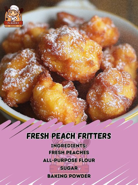 🍑✨ Experience the delight of Fresh Peach Fritters—crispy, sweet, and irresistible! Try them today! 🍩🍑 #PeachFritters #SweetTreats Fresh Peach Fritters Ingredients: Fresh peaches (2 cups, diced) All-purpose flour (1 cup) Sugar (1/4 cup) Baking powder (1 tsp) Salt (1/2 tsp) Milk (1/2 cup) Egg (1) Vanilla extract (1 tsp) Cinnamon (1/2 tsp) Vegetable oil (for frying) Instructions: In a bowl, mix flour, sugar, baking powder, salt, and cinnamon. Add milk, egg, and vanilla; stir until smooth. Fo... Southern Peach Fritters, Peach Fritters, Easy Donut Recipe, Easy Donuts, Peach Recipes, Donut Recipe, Fresh Peaches, Daily Recipes, Frying Oil