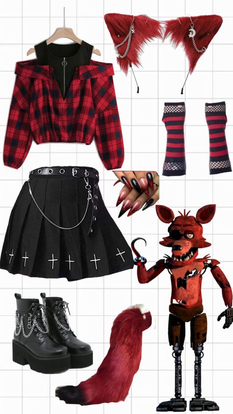 A outfit inspired by foxy from fnaf Foxy Inspired Outfit, Foxy Fnaf Costume, Fnaf Themed Outfits, Fnaf Foxy Costume, Fnaf Inspired Outfits, Fnaf Outfit Ideas, Fnaf Clothes, Fnaf Cosplay Ideas, Foxy Costume