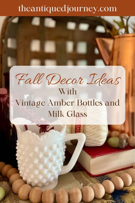 vintage amber bottles, milk glass, and thrifted finds used on a Fall shelf display Glass Fall Decor, Milk Glass Decor, Fall Tray, Vintage Fall Decor, Vintage Vignettes, Fall Vignettes, Inexpensive Decor, Fall Decorating Ideas, Thrift Store Decor