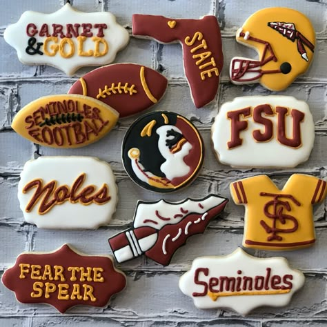 Custom FSU Florida State Seminoles Cookies   To see my other work or for more info on how to order, please visit my page or website.  www.facebook.com/busybeecakery  www.busybeecakery.com    Email: malinda@busybeecakery.com Florida State Birthday Party Ideas, Fsu Cookies Decorated, Fsu Party, Fsu Aesthetic, Florida Cookies, College Cookies, Choc Strawberries, Fsu Graduation, Florida Seminoles