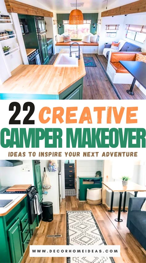 top camper makeover ideas Camper Trailer Remodel Ideas, Remodeled Campers Ideas, Rv Camper Interior Design, Updated Camper Interior, Travel Trailers Decor, Camper Decoration Ideas, Remodel Camper Ideas, Decorating Camper Ideas, Camper Remodel Color Schemes