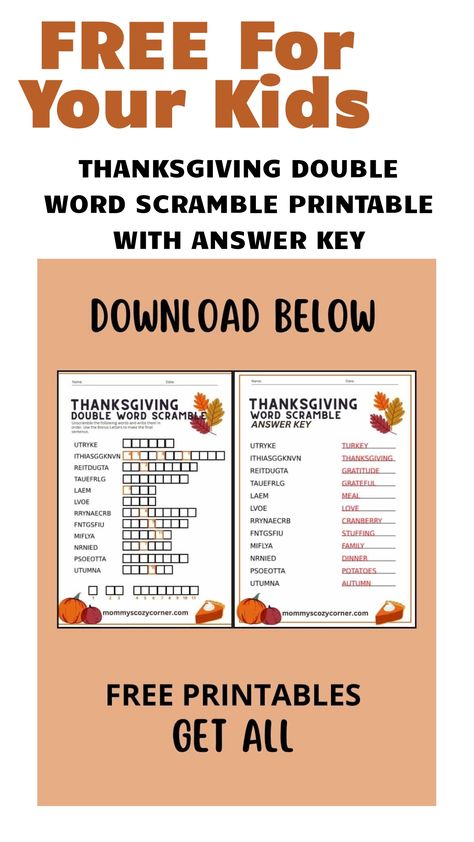 Check out this Thanksgiving Double Word Scramble for your kids activity. Word scramble printables are great but this one is even better for double the fun! Halloween Word Search Printables, Thanksgiving Word Scramble, Thanksgiving Crossword, Thanksgiving Word Search, Free Worksheets For Kids, Halloween Word Search, Thanksgiving Words, Word Search Printables, Tricky Words