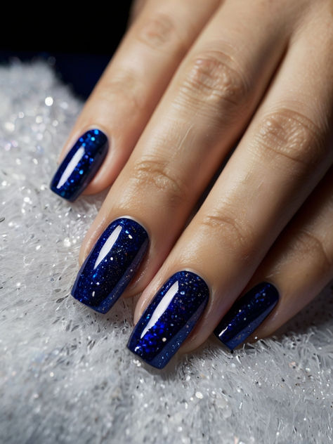 Blue With Sparkles Nails, Navy Blue Nails With Glitter, Icy Blue Nails Winter, Navy Glitter Nails, Black And Blue Nails, Chunky Glitter Nails, Classic Nail Designs, Vegas Nails, Dark Blue Nails