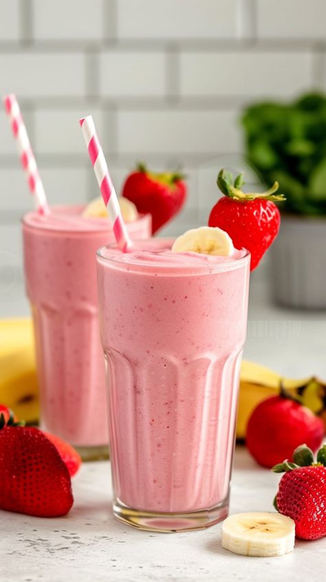 This pretty-in-pink strawberry banana smoothie recipe is a fun and fruity breakfast on the go! It’s fast, easy to make, and delicious to the last sip. Fast Smoothie Recipes, Banana Smoothie Recipes, Frozen Fruit Recipes, Smoothie Flavors, Smoothie Fruit, Banana Drinks, Food Reference, Banana Smoothie Recipe, Burn Fat Fast