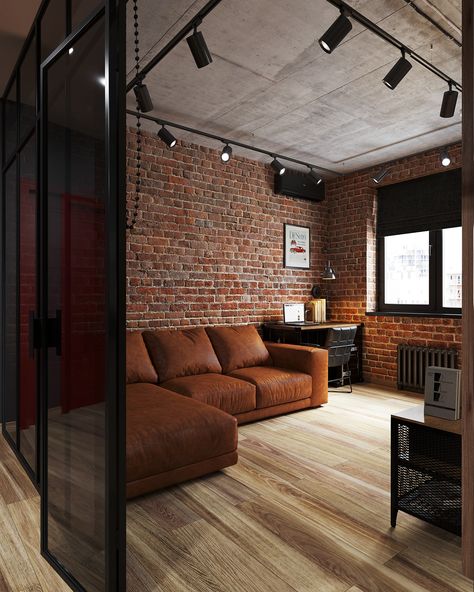 Loft apartment in Moscow Designer: IntDesignBuro on Behance Industrial Style Living Room, Brick Living Room, Ruang Tv, Brick Interior Wall, Industrial Home Design, Industrial Livingroom, Loft Interiors, Industrial Interior Design, Anna White Diy