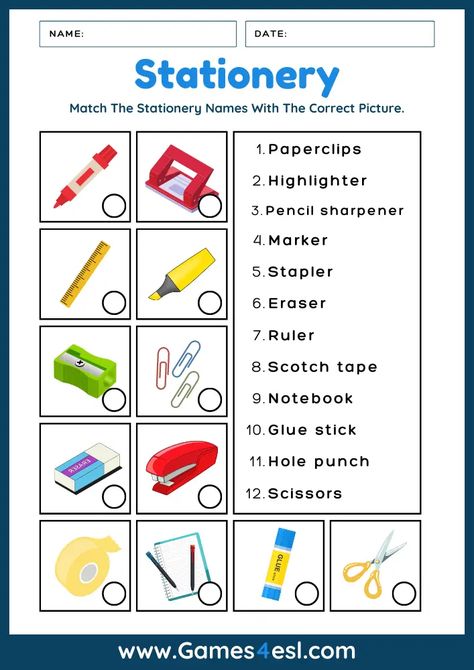 Stationery List | Useful List Of Stationery And Office Supplies In English | Games4esl Stationary Worksheet, Stationery List, Teach English To Kids, Vocabulary List, Creating Artwork, English Language Learners, Free Printable Worksheets, Stationery Store, Label Printer