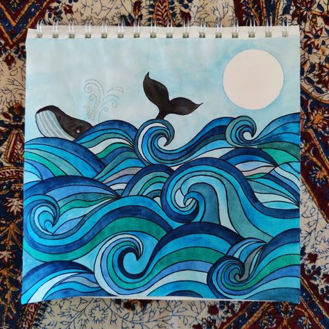 Whale In Ocean Drawing, Ocean Crayon Drawing, Sea World Painting, Ocean Marker Drawing, Ocean Art Lesson, Sharpie Watercolor Art, Sea Doodle Art, Sea Aesthetic Drawing, Drawing Of The Ocean