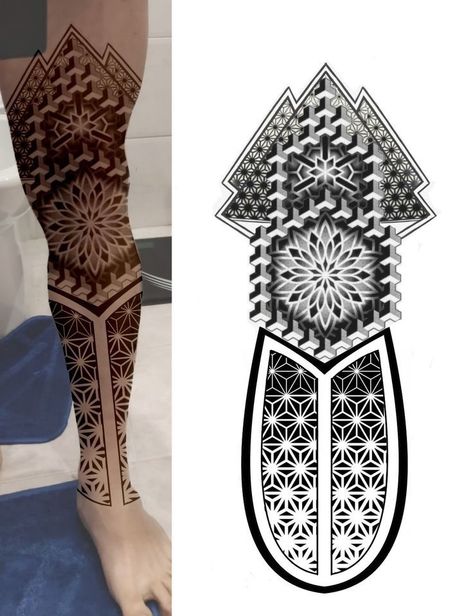 Geomatic Tattoo Design, Geometric Tattoo Leg Sleeve, Tattoo For Leg, Geometric Tattoo Outline, Geometric Tattoo Sleeve, Thigh Band Tattoo, Geometric Tattoo Leg, Black And White Flower Tattoo, Geometric Tattoo Sleeve Designs