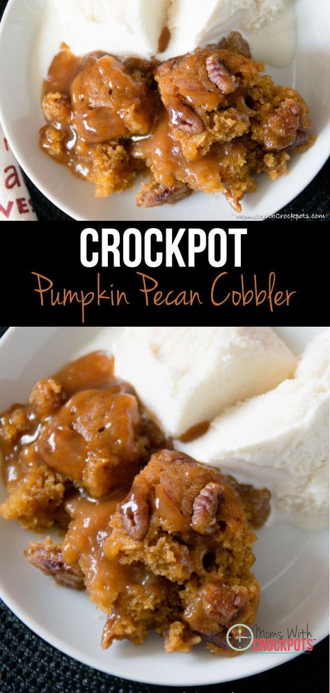 This recipe is so simple to make and marries pumpkin and pecan so beautifully it has to be made! You have never had anything like this Crockpot Pumpkin Pecan Cobbler. A must have for Thanksgiving. Fall Crockpot Desserts, Crockpot Pumpkin Dessert, Crockpot Cakes, Desserts Crockpot, Crockpot Cobbler, Pecan Cobbler Recipe, Crockpot Pumpkin, Crockpot Dessert, Crockpot Desserts