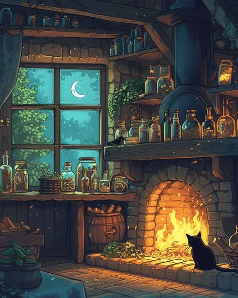 Witch House Interior Illustration, Cosy Witch Aesthetic, Forest Cottage Art, Witch Room Illustration, Cluttered Interior, Witchy Rooms, Witch Village, Supernatural Academy, Wizard Book