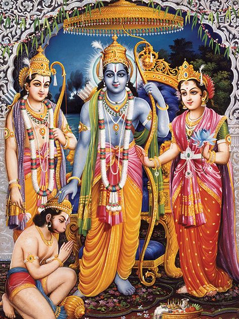 B. G. Sharma, gouache on board, 1960s, Sharma Picture Publications, Bombay (Mumbai). Rama, lord of Ayodha, stands centermost, flanked by wife Sita and brother Lakshmana, while Hanuman kneels in respectful adoration below. Reprinted from Gods in Print: The Krishna Poster Collection. Published by Mandala Publishing. Illustrations copyright © 2015 by Mandala Publishing. All rights reserved. Ram Lakshman Sita Hanuman, Bhagwan Photo, Ram Lakshman, Oreo Icing, Sree Ram, Goddess Sita, Srimad Bhagavatam, Mythological Stories, साईं बाबा