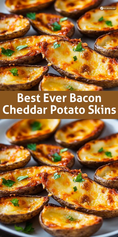 Elevate your appetizer game with the Best Ever Bacon Cheddar Potato Skins! Loaded with melty cheese and crispy bacon, they're a guaranteed crowd-pleaser. Potatoes Skins Appetizer, Appetizers Using Potatoes, Pioneer Woman Potato Skins, Loaded Potato Rounds, Potato Skins Recipe Easy, Best Potato Skins Recipe, Potatoes Skins Recipe, Halloween Potato Skins, Potatoe Skins Recipe Crispy