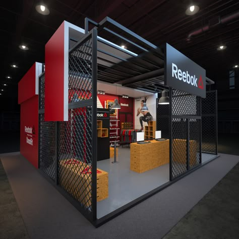 Stand looja Reebok on Behance Sport Booth Design, Industrial Booth Design, Small Exhibition Booth Design, Exhibition Booth Ideas, Booth Exhibition Design, Mobile Shop Design, Event Booth Design, Expo Stand, Architecture Advertising