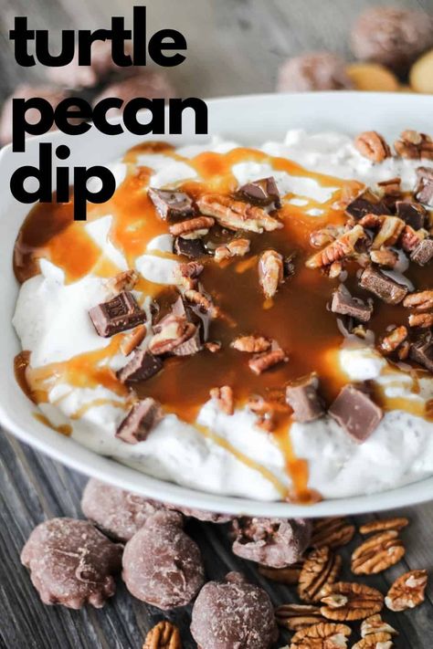 The taste of cheesecake without the work! This crowd-pleasing turtle pecan cookie dip is a delicious, quick and easy no-bake dessert. It's a wonderful Valentine's Day treat for your sweetheart, or make a batch to use up leftover candy at halloween. #cookiedip #cheesecakedip #creamcheese #nobakedessert Sweet Cream Cheese Dip, Cookie Dip, Pecan Cookie, Cream Cheese Recipes Dip, Cheesecake Cookie, Speculoos Cookie Butter, Leftover Candy, Pecan Cheesecake, Cheesecake Dip