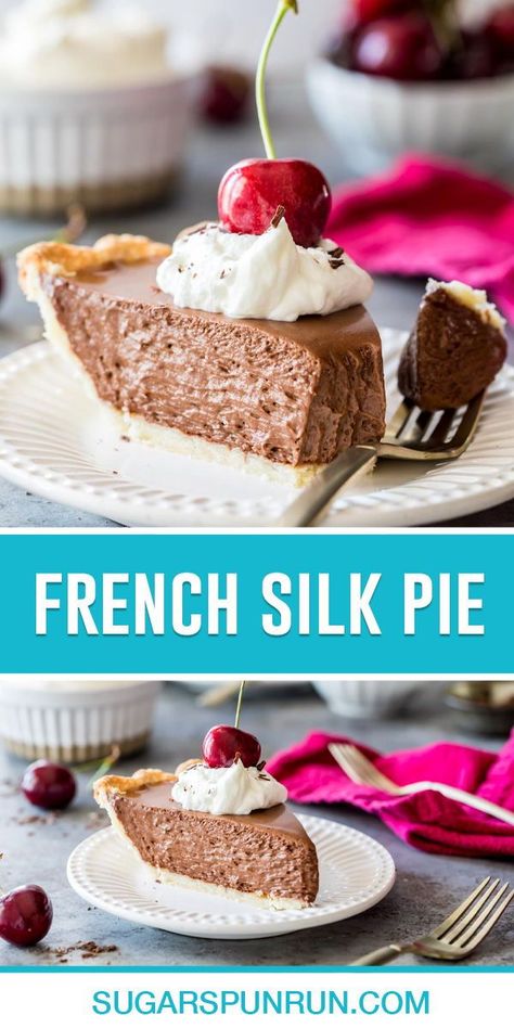 My French Silk Pie recipe is made WITHOUT raw eggs so everyone can enjoy it! It’s a stunning dessert with a rich, velvety chocolate filling in a buttery homemade pie crust. French Silk Pie Recipe Easy, French Silk Pie Recipe, Silk Pie Recipe, Sugar Spun Run, French Silk Pie, Creamy Pie, Homemade Pie Crust, Raw Eggs, Silk Pie