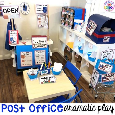 Kindergarten Centres, Post Office Play, Preschool Classroom Setup, Post Office Dramatic Play, Office Dramatic Play, Pocket Of Preschool, Dramatic Play Themes, Emergent Literacy, Community Helpers Theme