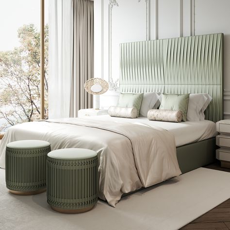 Luxury Bed With Tall Satin Pleated Headboard Green And White Bedroom, Statement Bed, Art Deco Bed, London Interior Design, Interior Design London, Upholstered Footstool, Interior Design Guide, Outdoor Furniture Sofa, Luxury Bed