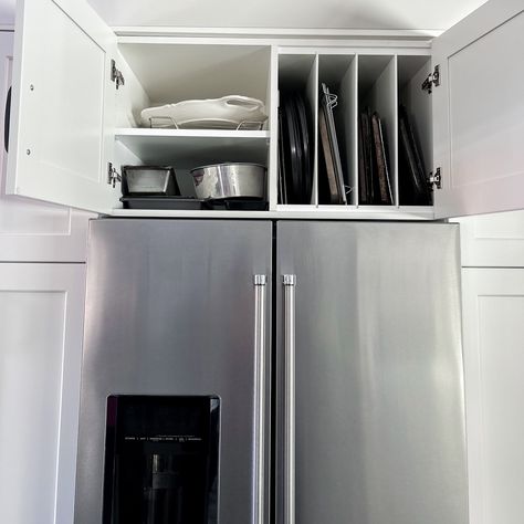 Making better use of the space above the fridge 👏🏼 This is the perfect place to store baking sheets! When you renovate your home with New Look Interiors we make your space work for you. Cabinets Above Refrigerator, Hogan House, Storage Above Fridge, Above Refrigerator, Above Fridge, Above The Fridge, Baking Sheets, Insta Posts, Work For You