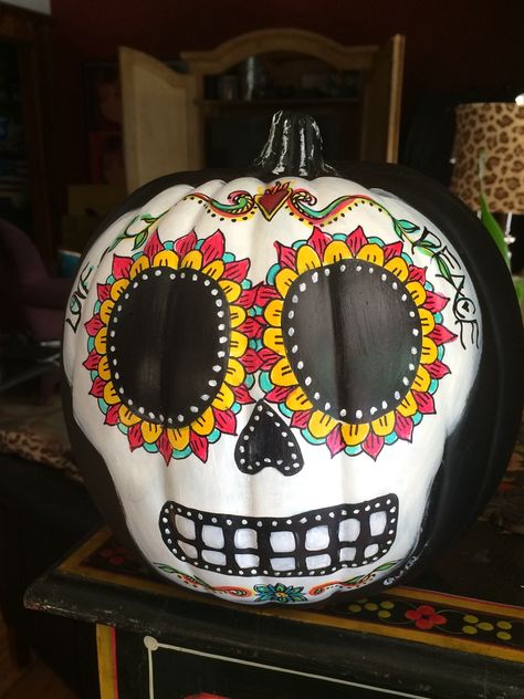 Painted Gourds Ideas Halloween, Calavera Pumpkin Painting, Skull Painted Pumpkins, Dia De Los Muertos Pumpkin Ideas, Frida Pumpkin Painting, Day Of The Dead Painted Pumpkins, Mexican Pumpkin Painting, Candy Skull Pumpkin Painting, Sugar Skull Pumpkin Painting Ideas