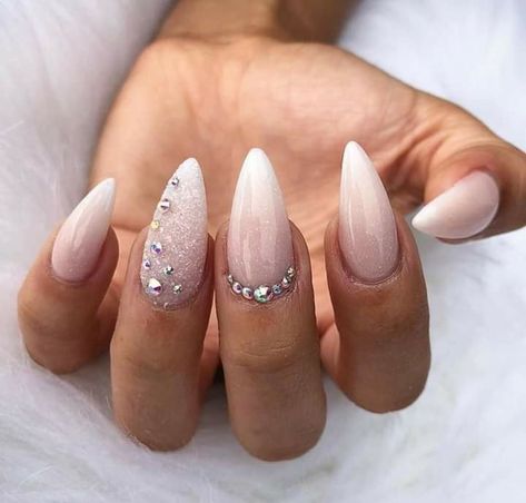 Almond Baby Boomer Nails, Almond Nails With Diamonds, Baby Boomer Nails With Design, Natural Almond Nails, Nail Art Mariage, Bridal Nail, Wedding Nail Art Design, Unghie Sfumate, Nail Board