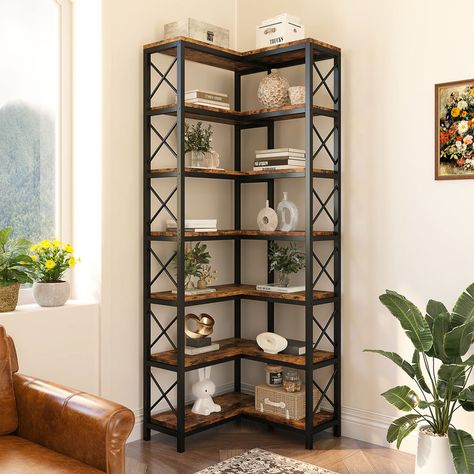 Say goodbye to clutter and hello to sleek, functional storage. The 7-tier corner shelf maximizes every inch, offering ample space for books, school supplies, and decor. With its clean lines and neutral color palette, it seamlessly blends into any decor, from modern to vintage. Versatile and stylish, this shelf is perfect for bedrooms, living rooms, or home offices. Corner Furniture Ideas Living Room, Corner Decorating Ideas Living Room, Corner Shelf Storage, Corner Decorating Ideas, Tall Corner Shelf, Bookshelf Corner, Wood Corner Shelves, Corner Bookshelf, Corner Rack