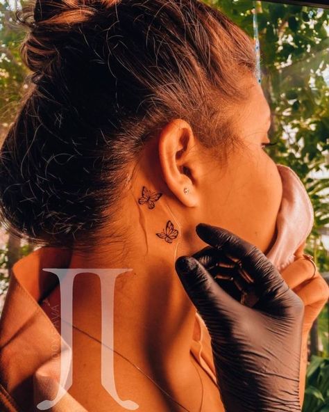 Elegant Butterfly Tattoo, Butterfly Tattoo Design, Behind Ear Tattoos, Girl Neck Tattoos, Ear Tattoos, Butterfly Tattoos For Women, Neck Tattoos Women, Neck Tattoos, Dope Tattoos For Women