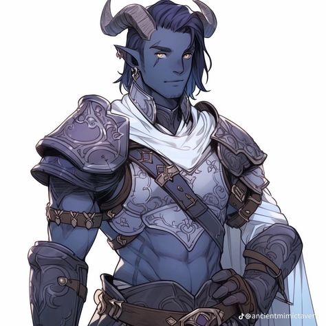 Beast Man Character Art, Dnd Blue Tiefling Male, Dnd Character Design Male Tiefling, Tiefling Tail Types, Grey Tiefling Male, Teifling Male Character Art, Tiefling Paladin Male, Tiefling Oc Male, Tiefling Blue