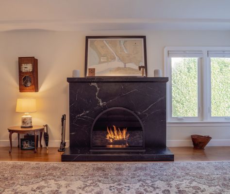 Soapstone Fireplace Surround, Soapstone Fireplace, Black Soapstone, Franklin Homes, Soapstone Countertops, Black Fireplace, Library Wall, Hearth Room, Fireplace Hearth