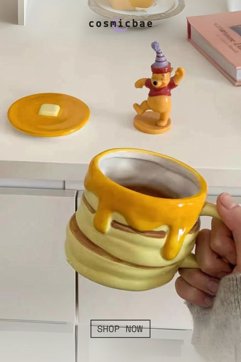 Indulge in a stack of sweet and fluffy pancakes with the Honey Pancake Mug. This quirky mug features a delicious honey pancake design, perfect for adding a touch of whimsy to your morning routine. (Extra syrup not included.) Mug Clay Ideas, Diy Clay Mug, Silly Mugs, Mug Design Ideas, Cute Ceramic Mugs, Bee Aesthetic, Honey Pancakes, Creative Mug, Ceramics Mugs