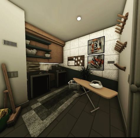 Bloxburg Rustic Interior, Bloxburg Interior House Ideas, Bloxburg Garage Ideas Realistic, Industrial Bloxburg House, Bloxburg Landuary Room, Basement Ideas Bloxburg, Bloxburg Garage Ideas Interior, Bloxburg Dark Academia House, Bloxburg Staircase