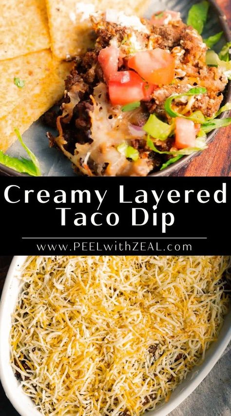 Indulge in this creamy and irresistible taco dip, featuring layers of beef, beans, cheese, and all your favorite taco flavors. Perfect for pleasing a crowd at game day gatherings or potlucks, this easy taco dip with ground beef takes just 10 minutes of prep time and comes together in under 30 minutes. Taco Dip Layered, Ground Beef And Cream Cheese, Party Food Cold, Taco Dip With Ground Beef, Beef Taco Dip, Ground Beef Taco Dip, Taco Salad Dip, Dip With Ground Beef, Hot Taco Dip